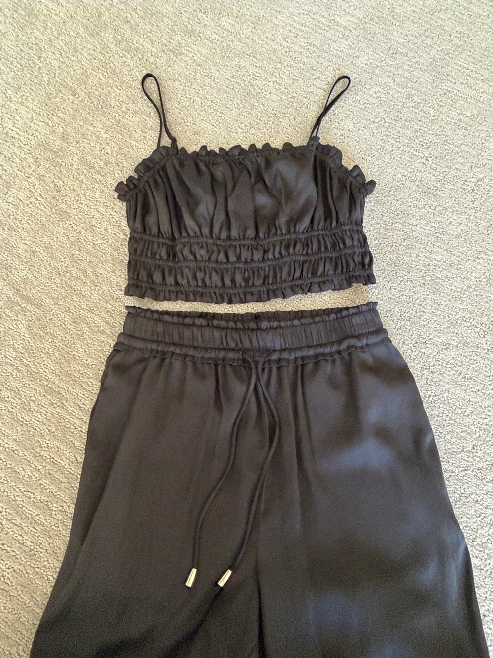 House of Harlow 1960 Black Satin Smocked Crop & Wide Leg Pants